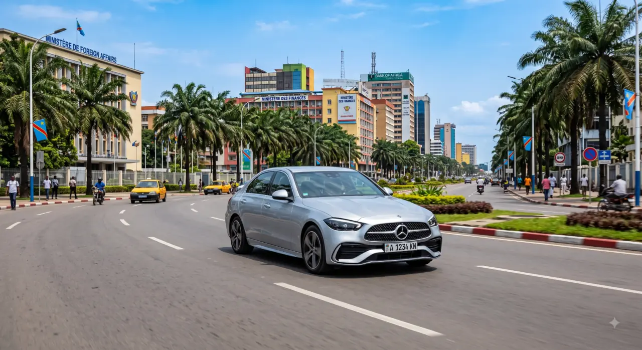 Véhicule KinCar Express circulant sur un boulevard de Kinshasa